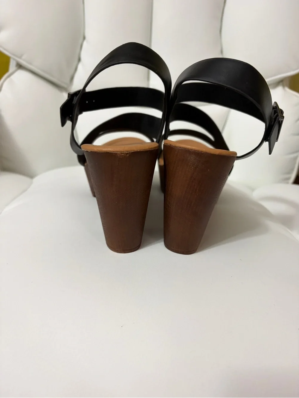 TOP Moda Black Platform Block Heel Sandals with Brown Wood-Look Sole